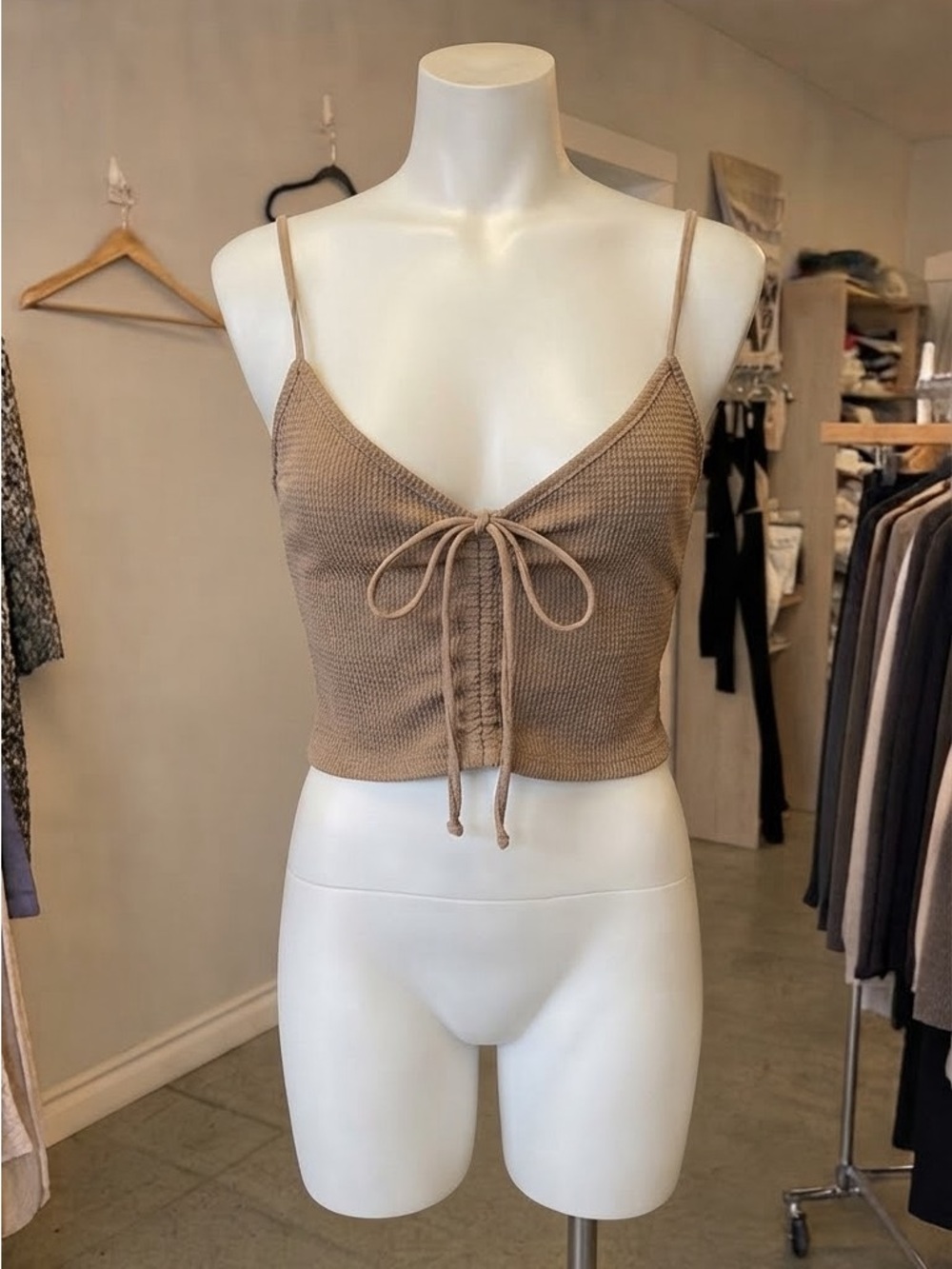 SHEIN Beige Waffle Knit Rouched Halter Tie Crop Top Cami Coastal Boho Size XS